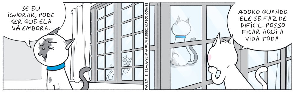Tira em quadrinhos do Blue. A gatinha lua está na porta observando e o gato Blue ignorando-a achando que ela vai embora.