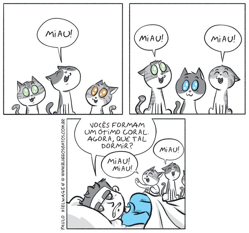 Três gatos cantando 'miau' e um humano tentando dormir, em um coral engraçado.