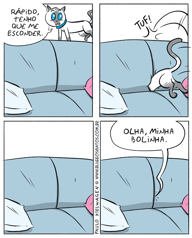 Blue olhando nervoso para o sofá e se preparando para se esconder, destacando a tensão da cena. Os travesseiros são visíveis.