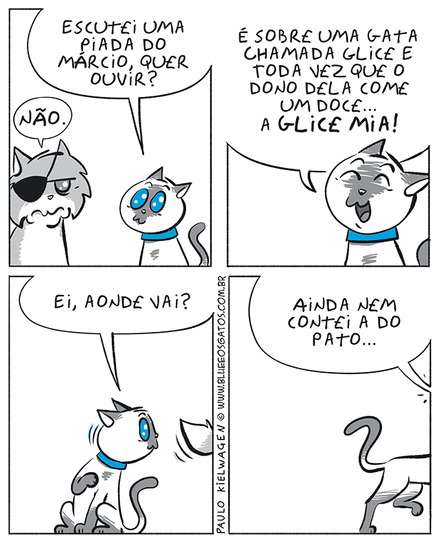 Blue e Grampolo conversando sobre uma piada. Blue conta uma piada de um gato chamado Glice, enquanto Blue parece curioso.