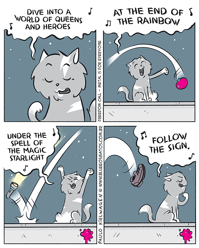 Gatão canta uma música de metal sobre reinos e heróis enquanto a platéia não parece muito satisfeita.