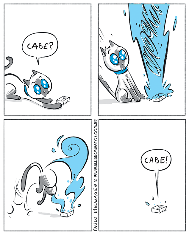 Blue observa uma caixa e pergunta 'Cabe?', enquanto uma quantidade de magia se espalha pela cena.