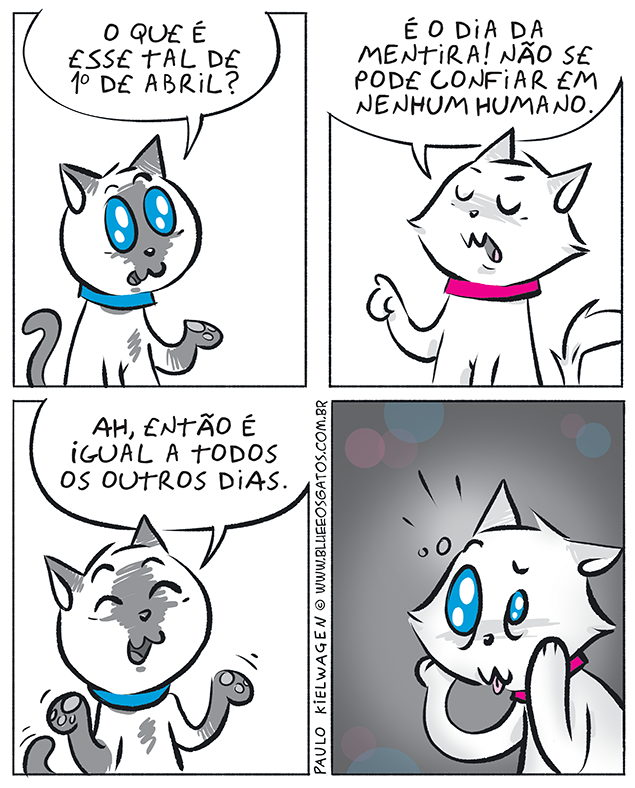 Blue e Branco discutem sobre o 1º de abril. Blue pergunta sobre a data e Branco explica que é o dia da mentira.