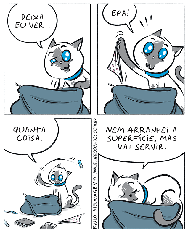 Blue olhando para uma bolsa e tirando vários objetos de dentro, surpreso, com a quantidade de coisas, ele só queria dormir.