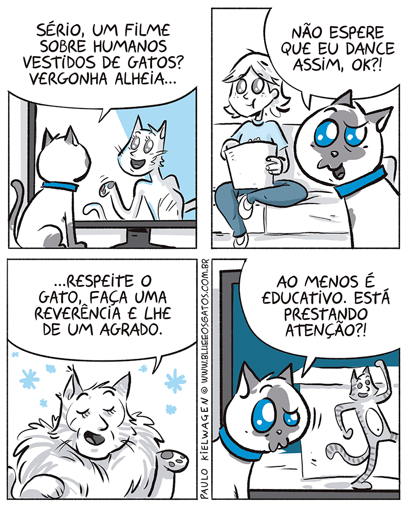 Blue e sua humana estão assistindo a um filme sobre humanos vestidos de gatos, mas Blue não parece muito feliz com gatos dançarinos.