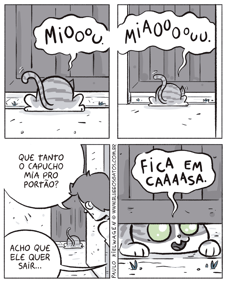 Capucho tentando sair pelo portão e Vanessa dizendo para ele ficar em casa.