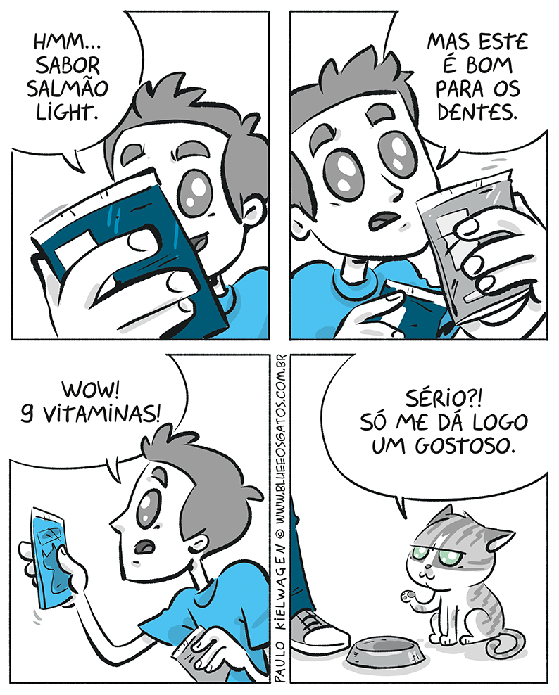 O humano lê sobre todos os benefícios da ração em sachê, enquanto Capucho espera que chegue na parte saborosa.