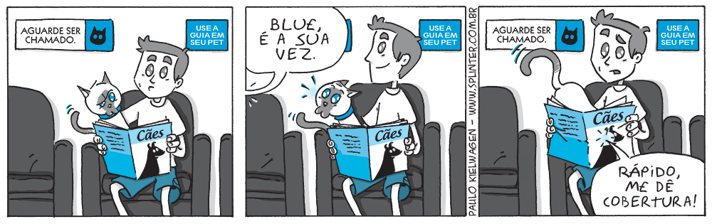 Tira em quadrinhos do Blue no pet shop / veterinário. Espera interminável no veterinário.