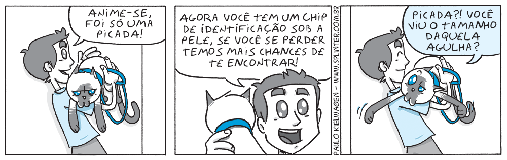 Tira em quadrinhos do Blue no pet shop / veterinário. Blue está indignado com o tamanho da agulha da injeção para aplicar o chip de identificação.