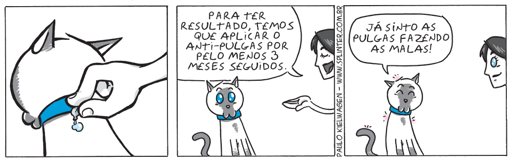 Tira em quadrinhos do Blue no pet shop / veterinário. Dica do Blue, aplique o antipulgas por 3 meses seguidos.